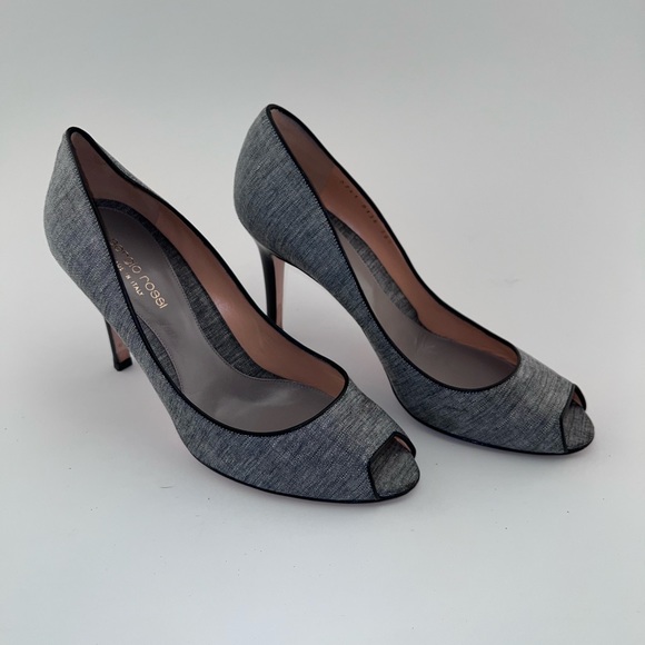 Sergio Rossi Navy Linen Peep Toe Heels Size 38.5 with Box and Dust Bag - Picture 4 of 9